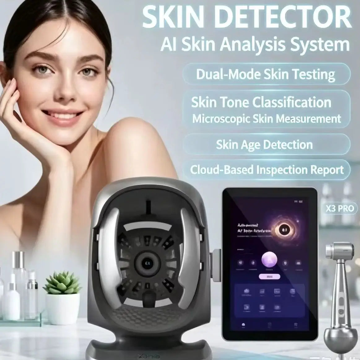 X3 Pro All‑in‑One AI Skin Scalp Analyzer 8 Spectral Imaging Professional Salon Skin Hair Detection Machine with Report Output.