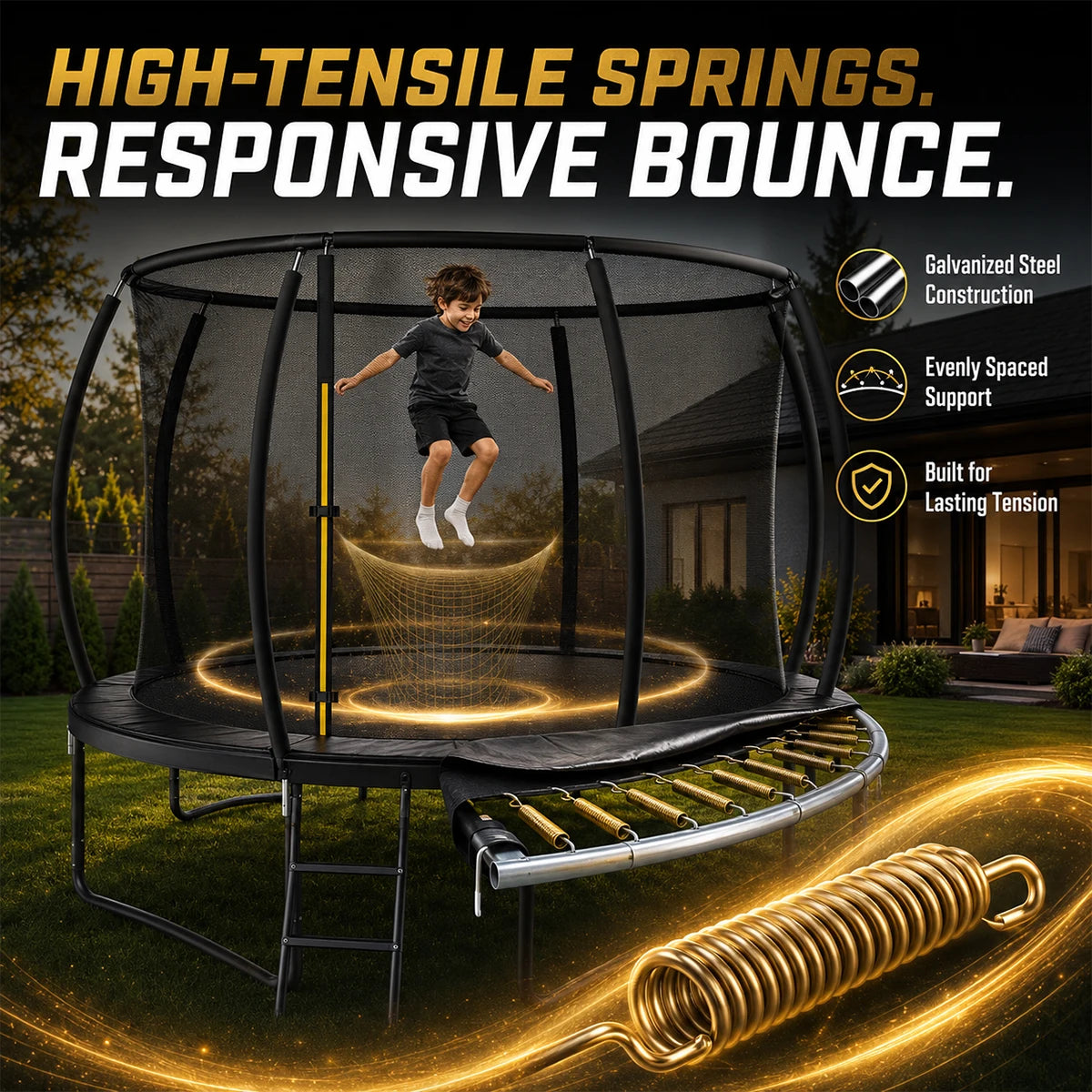 Kids Outdoor Trampoline With Safety Enclosure Net And Ladder