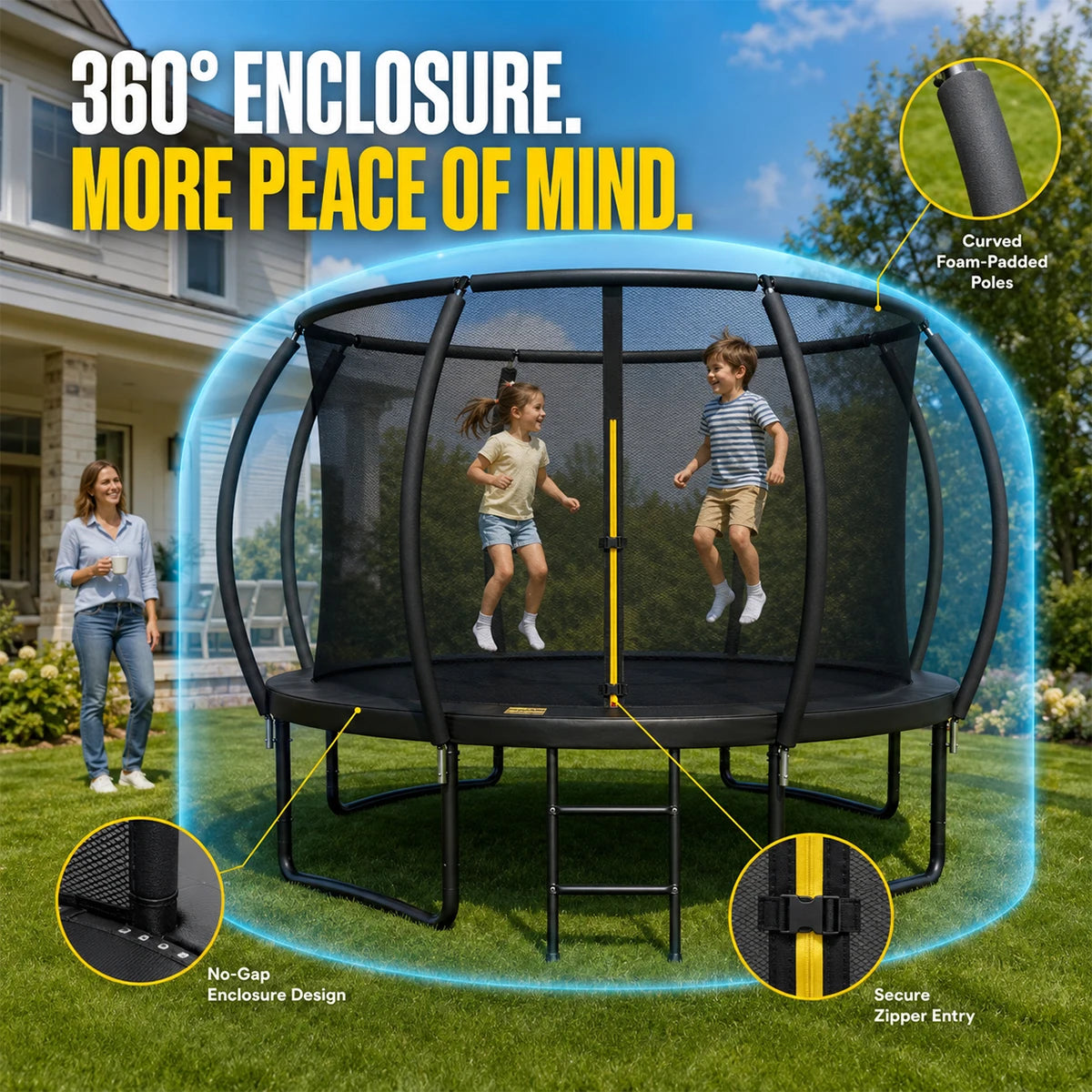 Kids Outdoor Trampoline With Safety Enclosure Net And Ladder