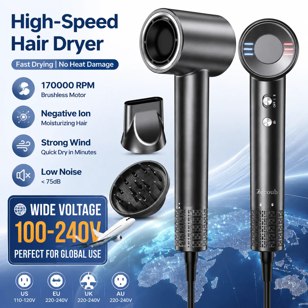LYSMOSKI Dual Voltage Ionic Travel Hair Dryer With Diffuser