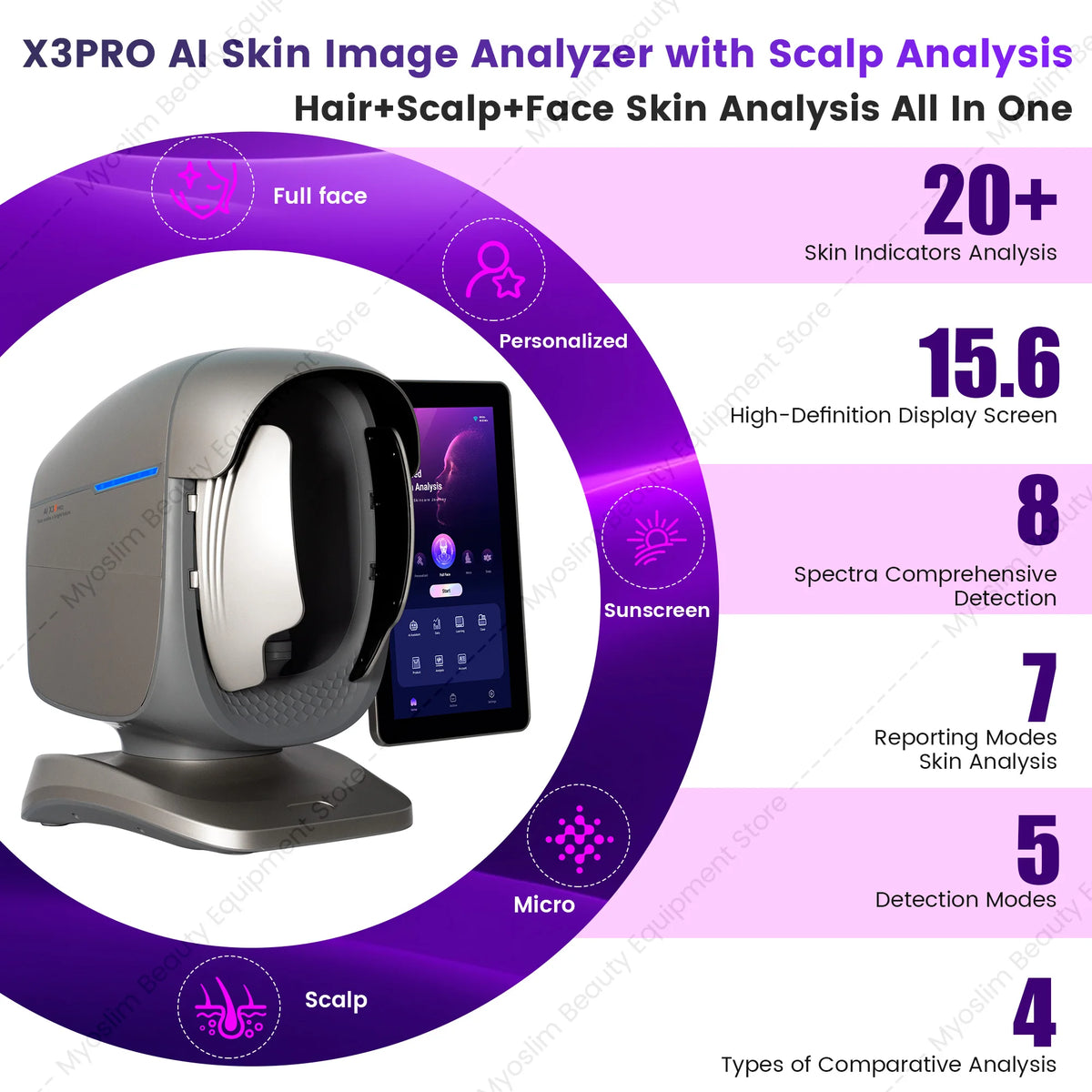 X3 Pro All‑in‑One AI Skin Scalp Analyzer 8 Spectral Imaging Professional Salon Skin Hair Detection Machine with Report Output.