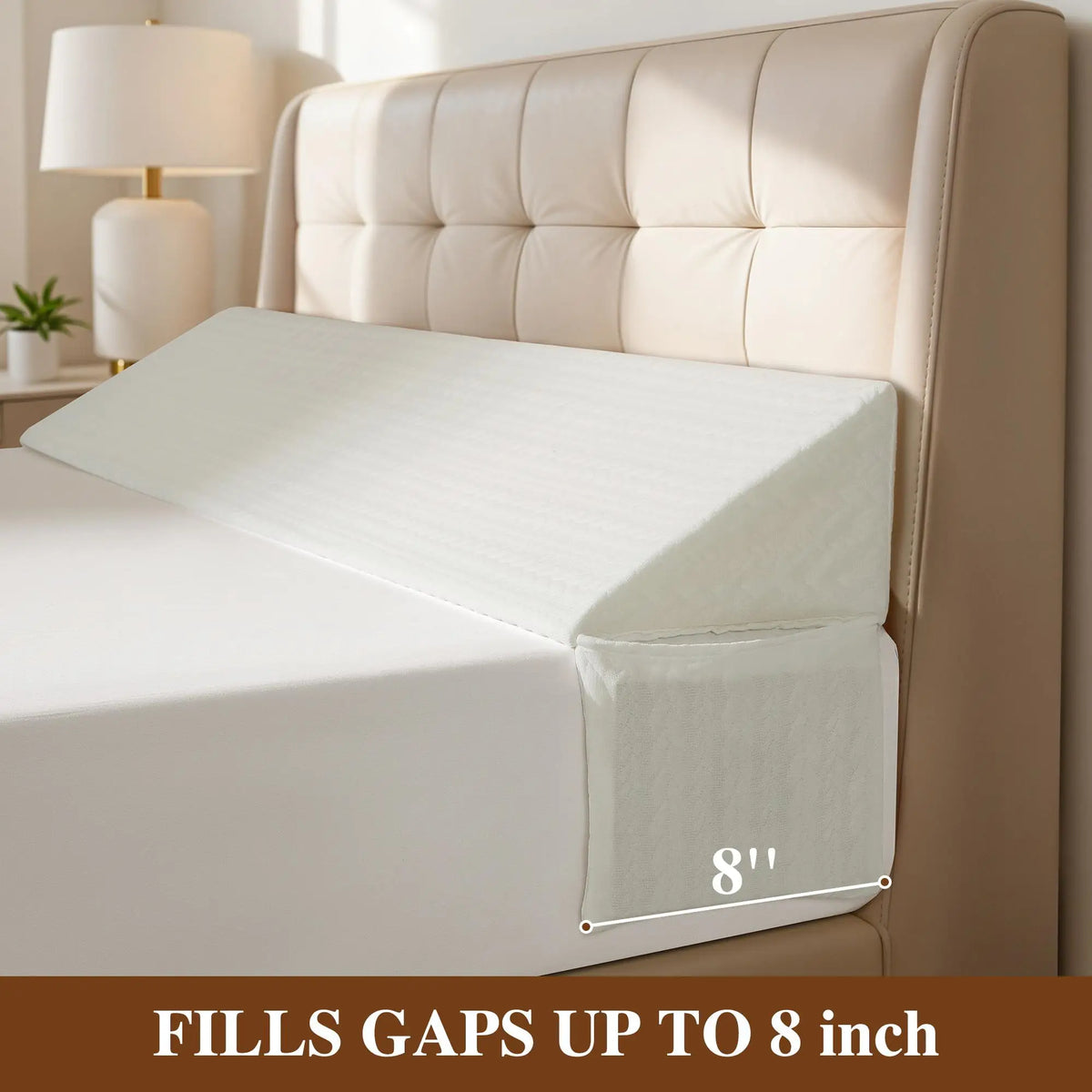Premium Memory Foam Bed Gap Filler Wedge Pillow Ergonomic Headboard Cushion Backrest with Washable Cover Side Pocket High-Density Mattress Extender Bridge for Queen King Bed Gap Closer Leg Support