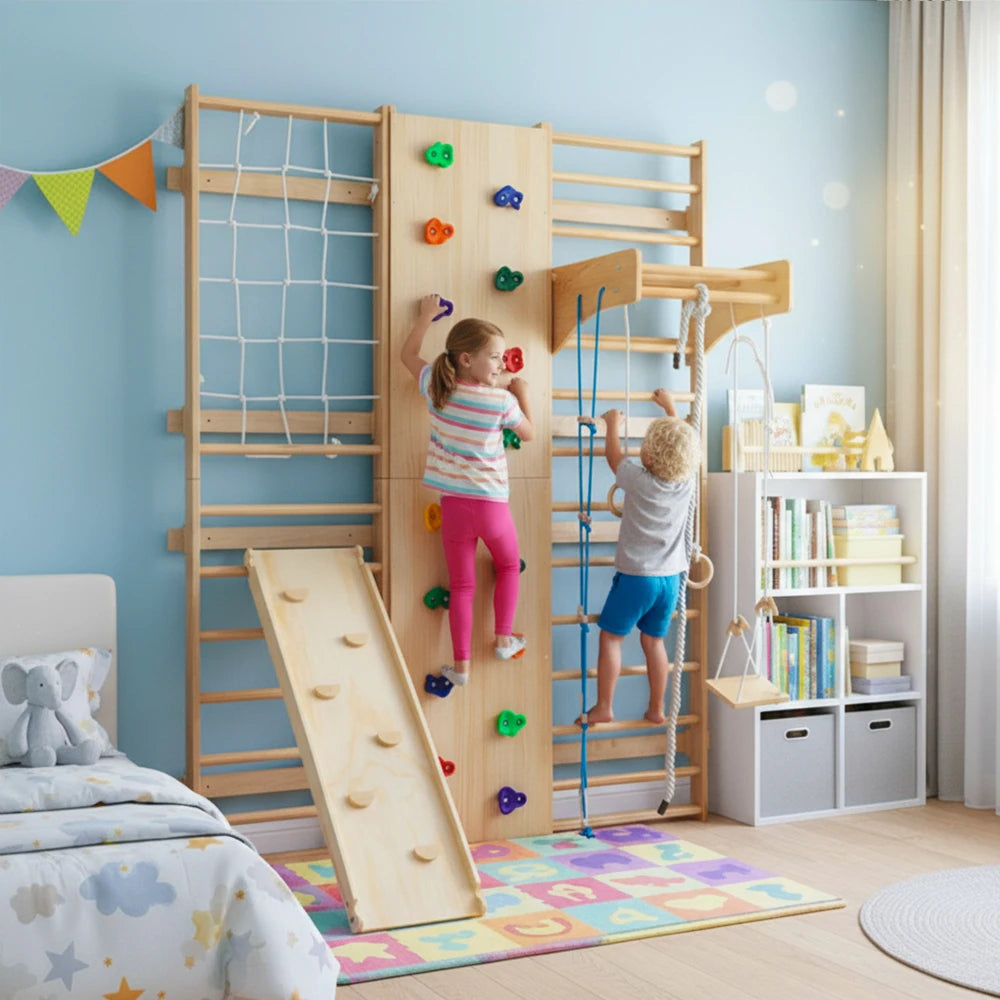 Indoor Wooden Kids Climbing Gym With Swings And Rope Ladder