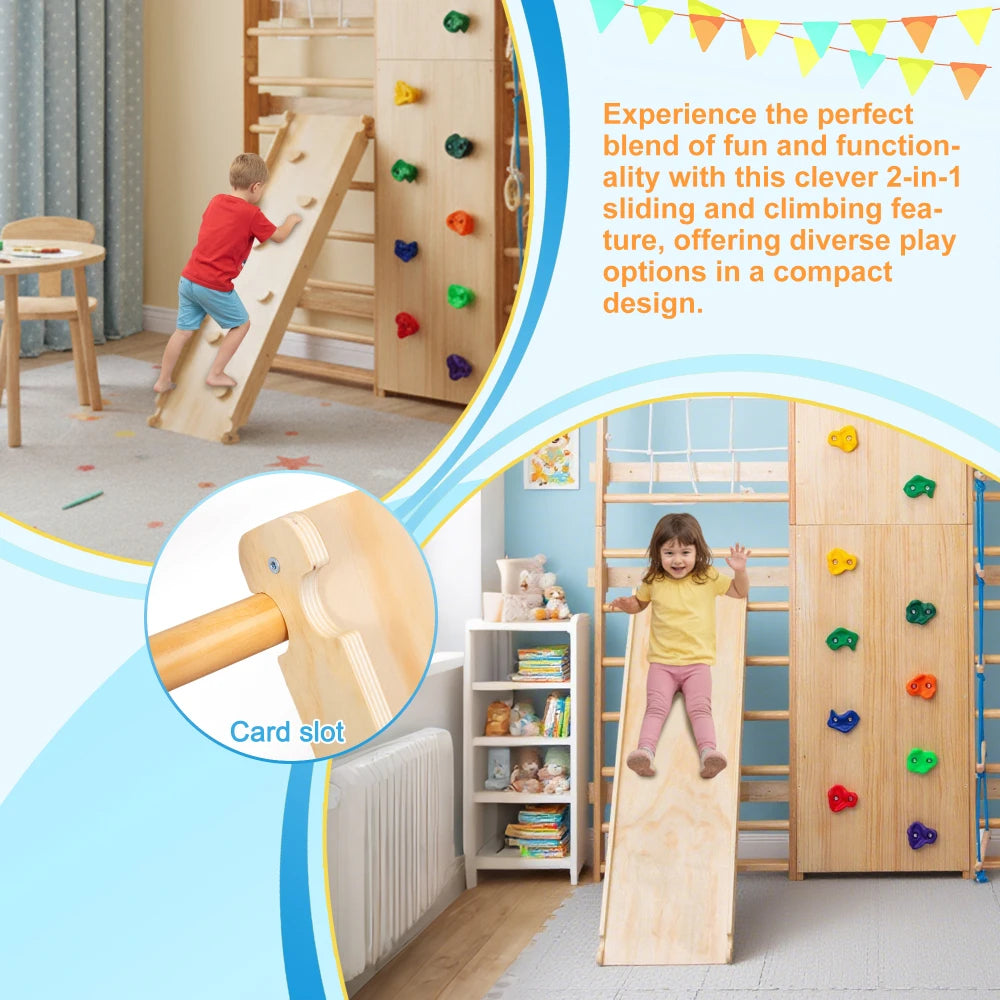 Indoor Wooden Kids Climbing Gym With Swings And Rope Ladder