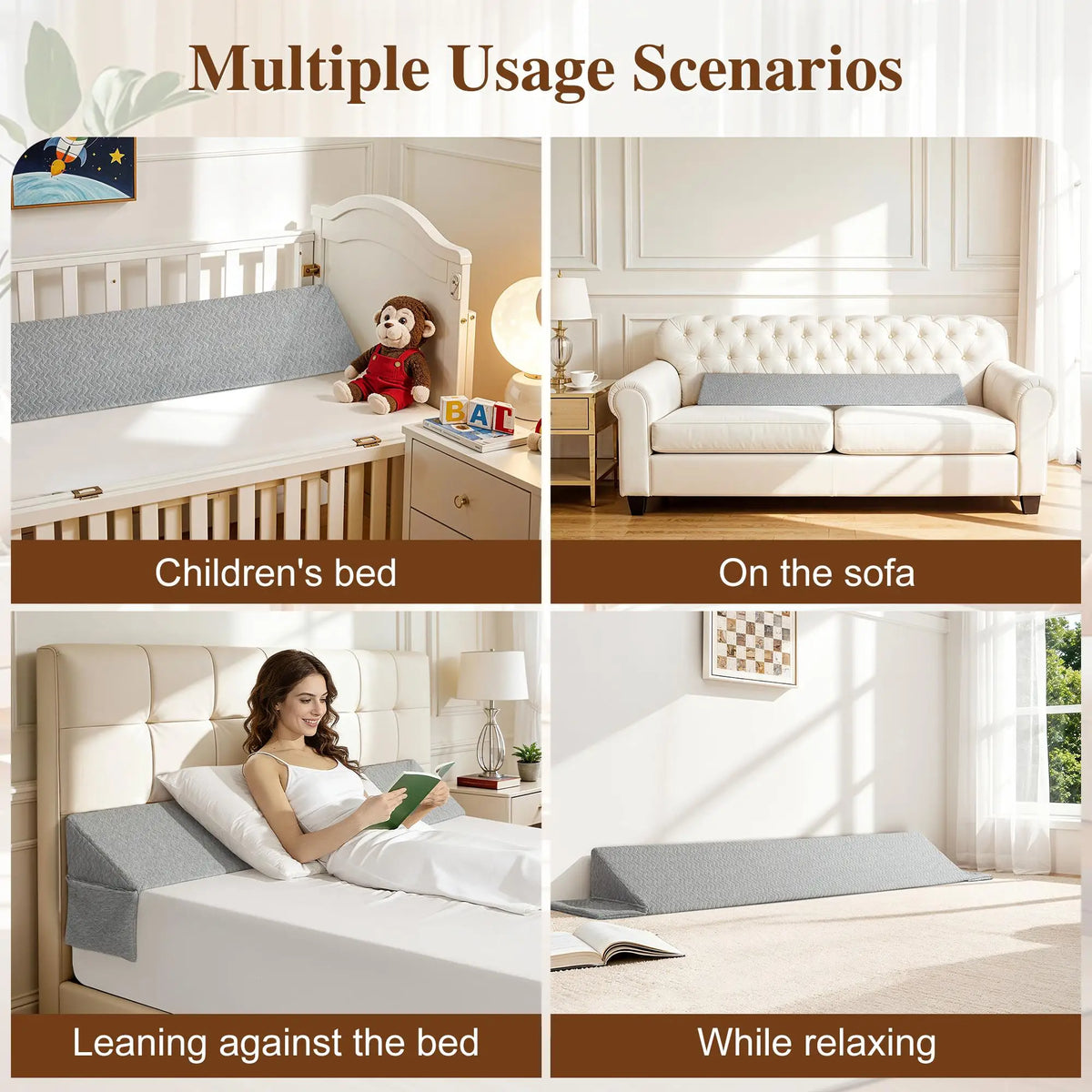 Premium Memory Foam Bed Gap Filler Wedge Pillow Ergonomic Headboard Cushion Backrest with Washable Cover Side Pocket High-Density Mattress Extender Bridge for Queen King Bed Gap Closer Leg Support