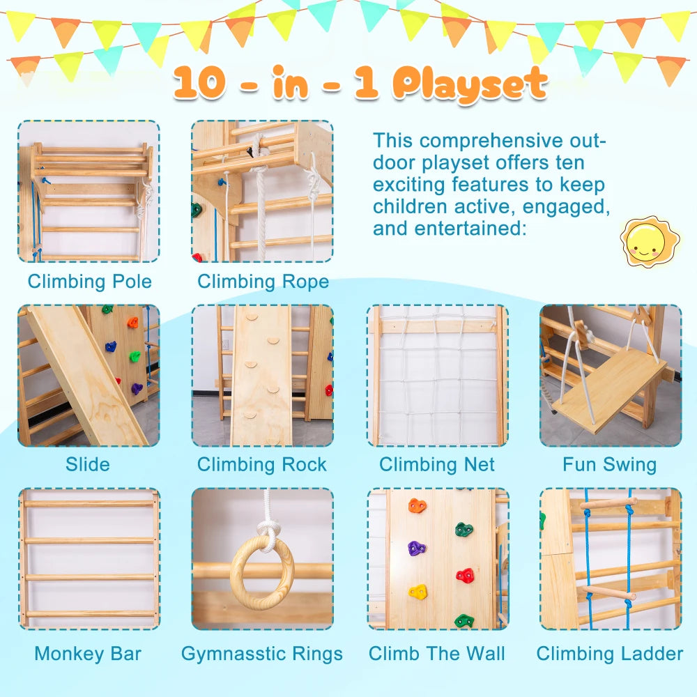 Indoor Wooden Kids Climbing Gym With Swings And Rope Ladder