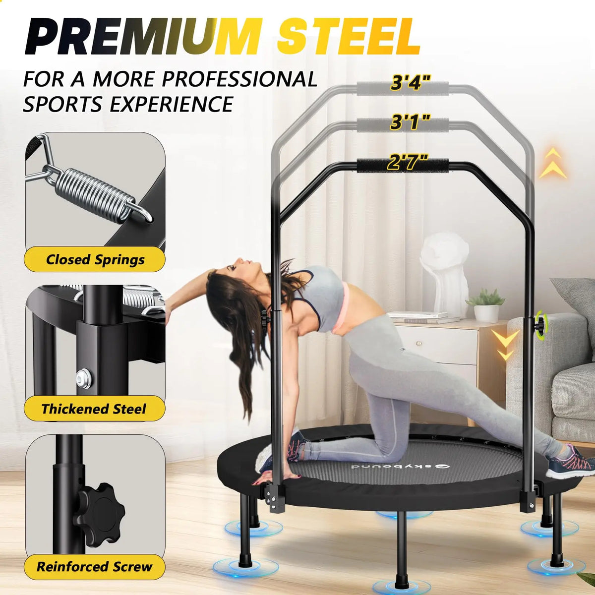 Foldable Fitness Rebounder Trampoline With Adjustable Handle