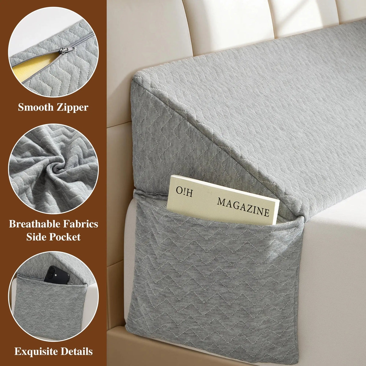 Premium Memory Foam Bed Gap Filler Wedge Pillow Ergonomic Headboard Cushion Backrest with Washable Cover Side Pocket High-Density Mattress Extender Bridge for Queen King Bed Gap Closer Leg Support