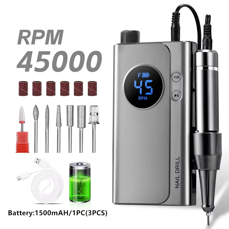45000RPM Rechargeable Nail Drill Machine Portable Electric Nail File LCD Display USB Charging Manicure Pedicure Kit Gel Acrylic Nail Polisher Salon Nail Art Tools And Home Use For All Festival Gifts