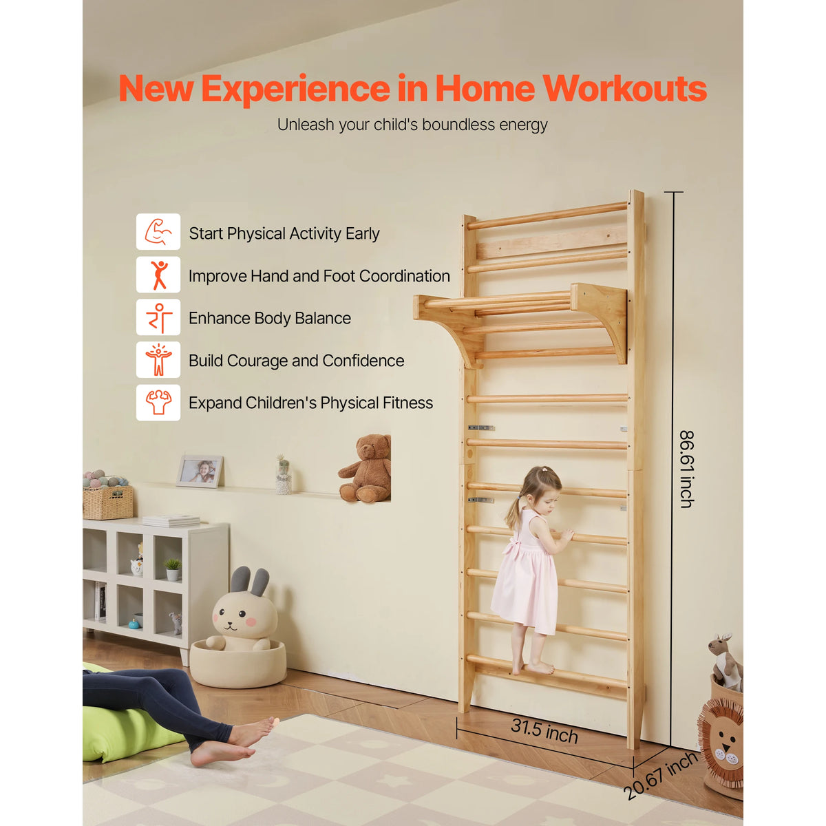 SucceBuy Swedish Ladder Wall Gym With Pull Up Bar For Kids