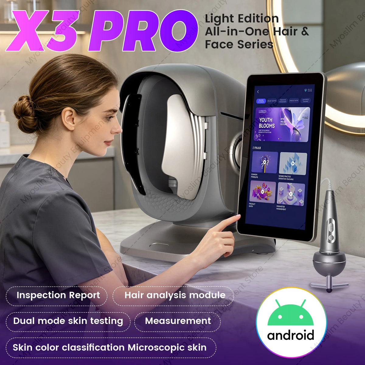 X3 Pro All‑in‑One AI Skin  Scalp Analyzer 8 Spectral Imaging Professional Salon Skin Hair Detection Machine with Report Output.