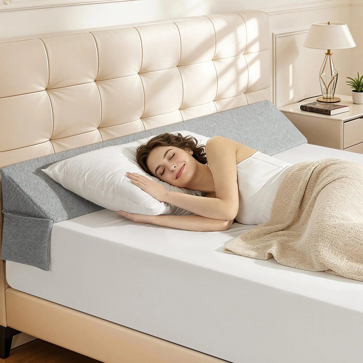 Premium Memory Foam Bed Gap Filler Wedge Pillow Ergonomic Headboard Cushion Backrest with Washable Cover Side Pocket High-Density Mattress Extender Bridge for Queen King Bed Gap Closer Leg Support