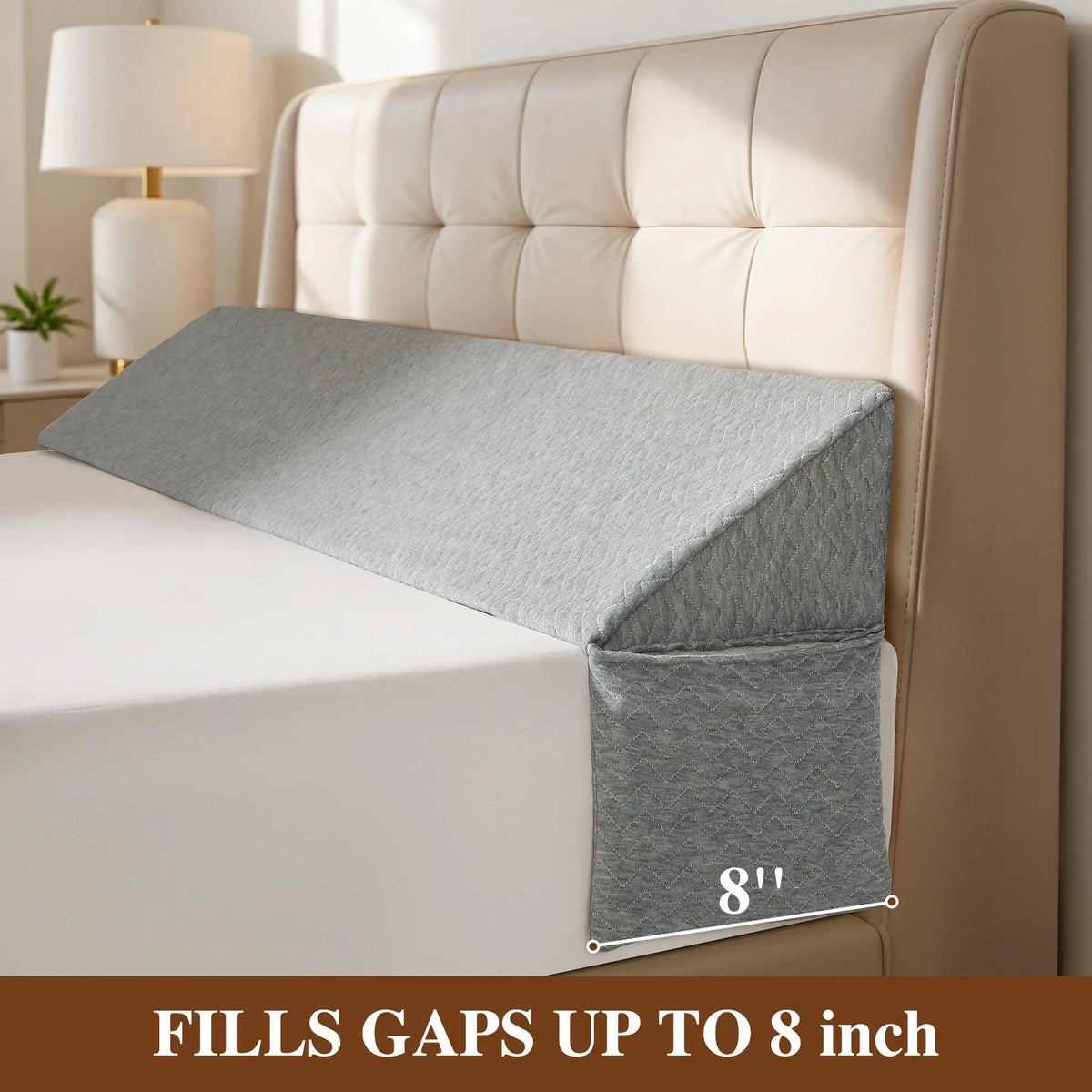 Premium Memory Foam Bed Gap Filler Wedge Pillow Ergonomic Headboard Cushion Backrest with Washable Cover Side Pocket High-Density Mattress Extender Bridge for Queen King Bed Gap Closer Leg Support