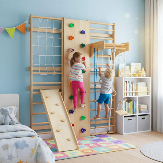 Indoor Wooden Kids Climbing Gym With Swings And Rope Ladder