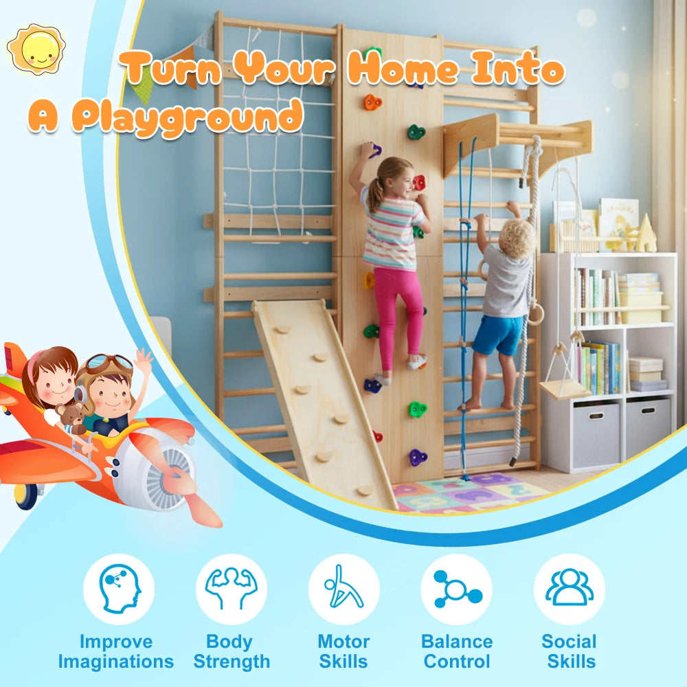 Indoor Wooden Kids Climbing Gym With Swings And Rope Ladder