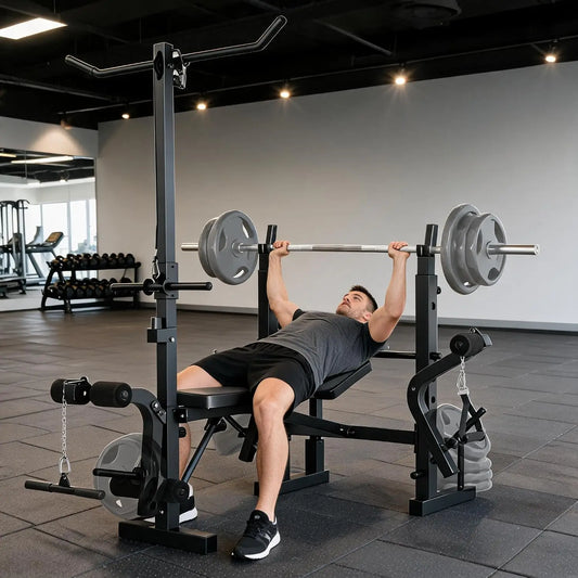 HiMISS Adjustable Weight Bench With Squat Rack And Lat Pulldown
