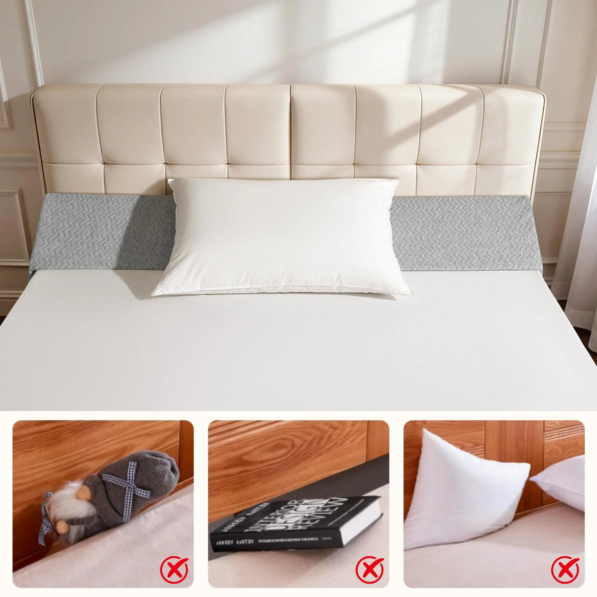 Premium Memory Foam Bed Gap Filler Wedge Pillow Ergonomic Headboard Cushion Backrest with Washable Cover Side Pocket High-Density Mattress Extender Bridge for Queen King Bed Gap Closer Leg Support