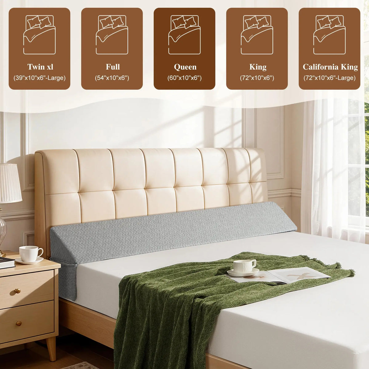 Premium Memory Foam Bed Gap Filler Wedge Pillow Ergonomic Headboard Cushion Backrest with Washable Cover Side Pocket High-Density Mattress Extender Bridge for Queen King Bed Gap Closer Leg Support