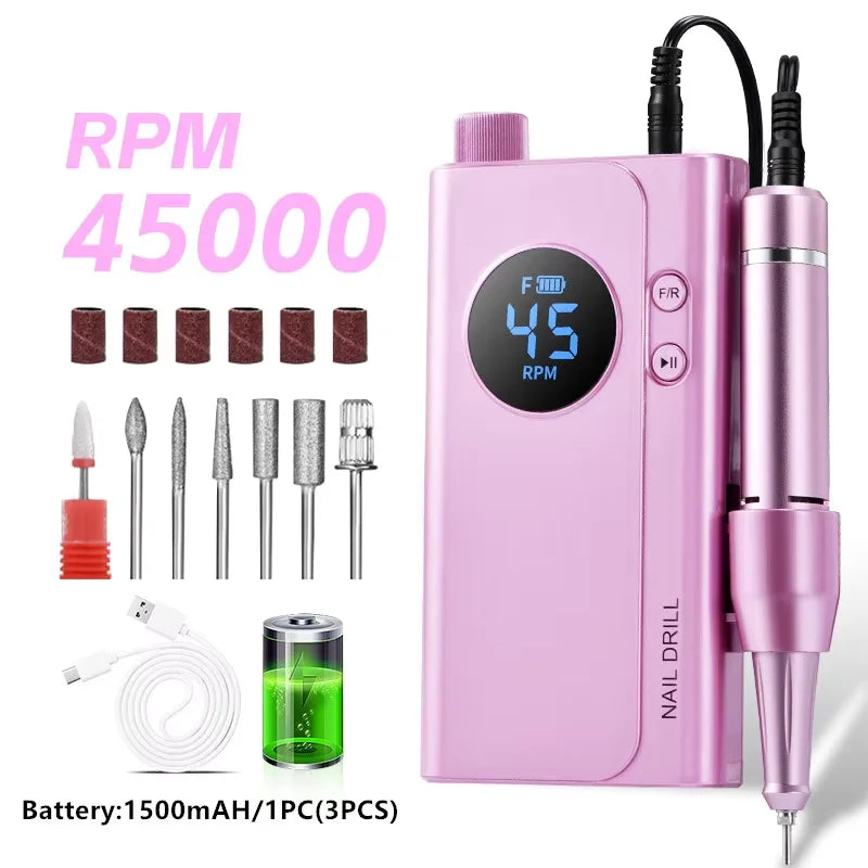 45000RPM Rechargeable Nail Drill Machine Portable Electric Nail File LCD Display USB Charging Manicure Pedicure Kit Gel Acrylic Nail Polisher Salon Nail Art Tools And Home Use For All Festival Gifts