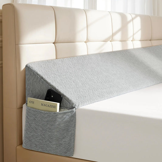Premium Memory Foam Bed Gap Filler Wedge Pillow Ergonomic Headboard Cushion Backrest with Washable Cover Side Pocket High-Density Mattress Extender Bridge for Queen King Bed Gap Closer Leg Support